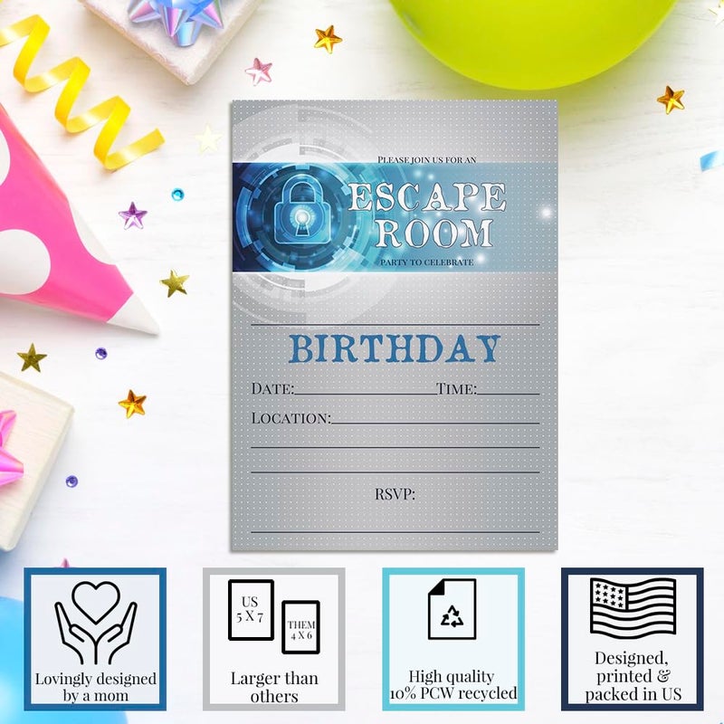 Amanda Creation Escape Room Themed Birthday Party Invitations, 20 5x7 Fill In Cards with Twenty White Envelopes by AmandaCreation - Image 3